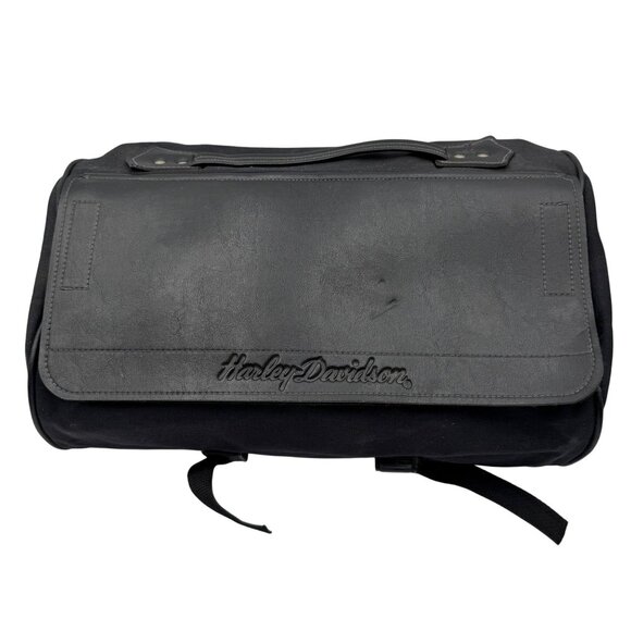 Harley-Davidson Black Leather Canvas Travel Bag With Embossed Logo Durable Strap - Picture 1 of 12